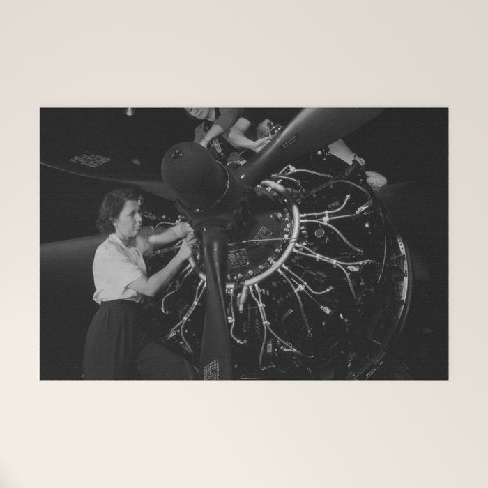 WWII aircraft engine installation by female workers inspirational black and white photograph   Welcome Mat Gallery Image 1