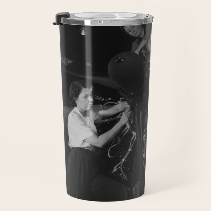 WWII aircraft engine installation by female workers inspirational black and white photograph   Travel Mug Gallery Image 3