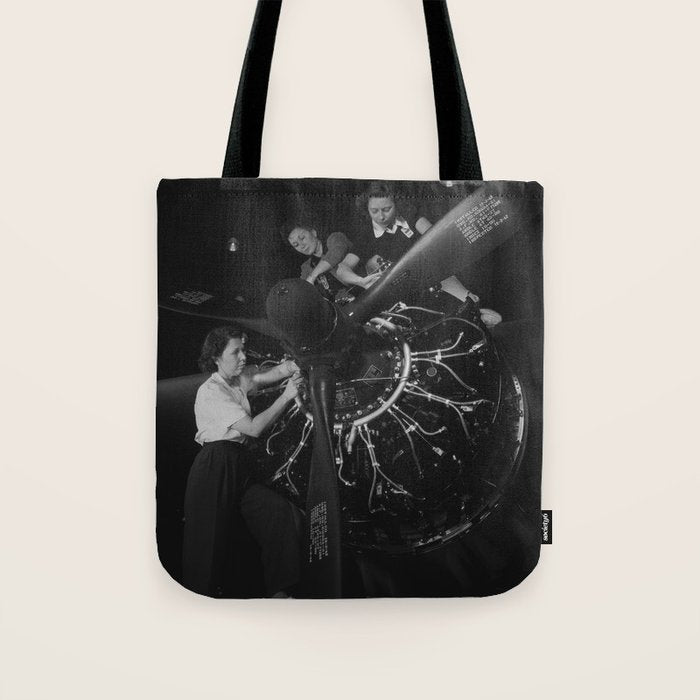 WWII aircraft engine installation by female workers inspirational black and white photograph   Tote Bag Gallery Image 1