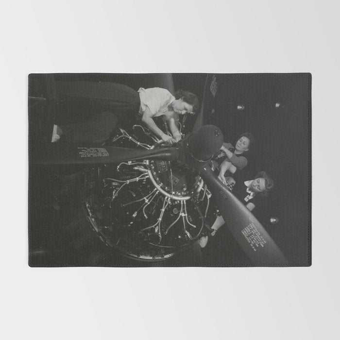 WWII aircraft engine installation by female workers inspirational black and white photograph   Rug Gallery Image 2