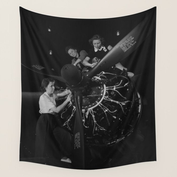 WWII aircraft engine installation by female workers inspirational black and white photograph   Wall Tapestry Gallery Image 4