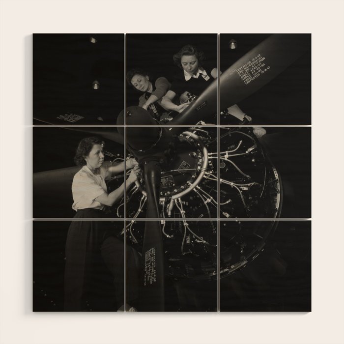WWII aircraft engine installation by female workers inspirational black and white photograph   Wood Wall Art Gallery Image 1