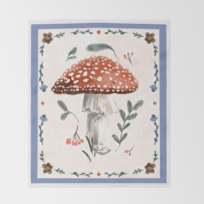 Whimsical Red Mushroom with Floral Border  Throw Blanket Gallery Image 2