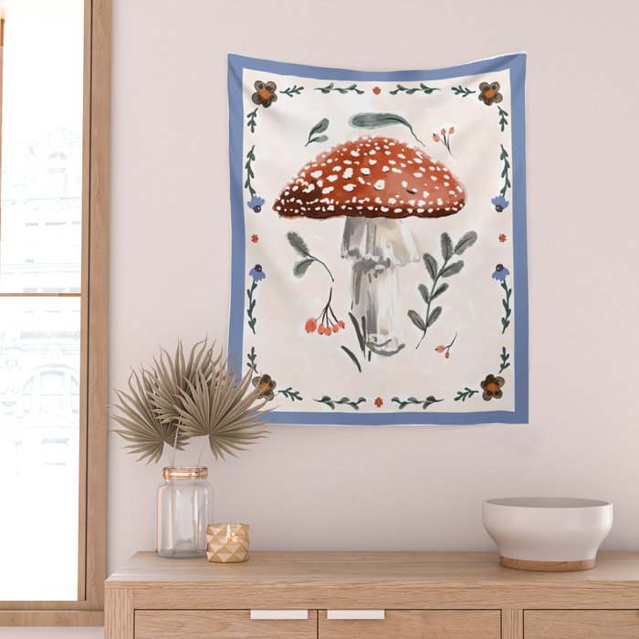 Whimsical Red Mushroom with Floral Border  Wall Tapestry Gallery Image 2