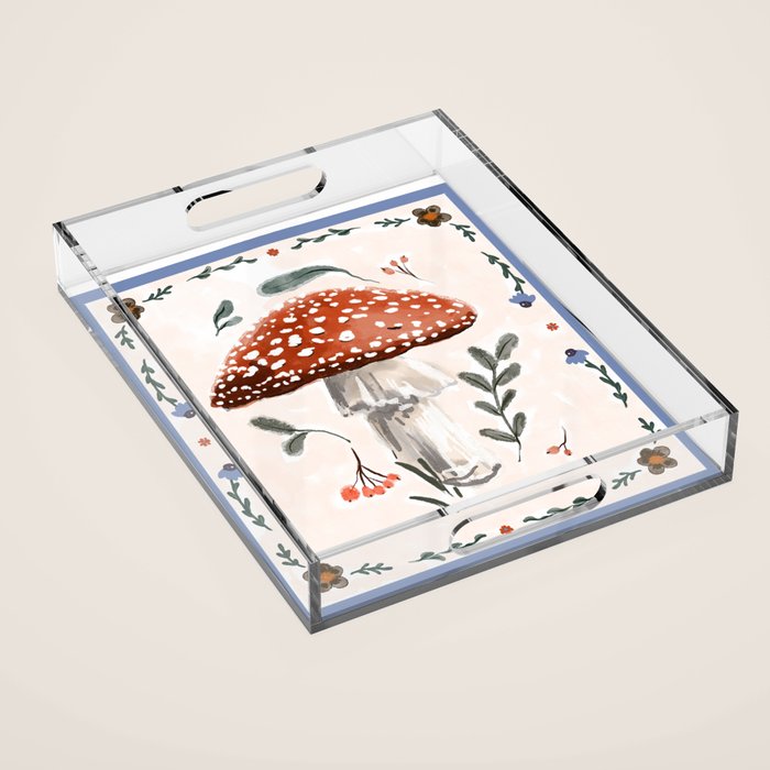Whimsical Red Mushroom with Floral Border  Acrylic Tray Gallery Image 1