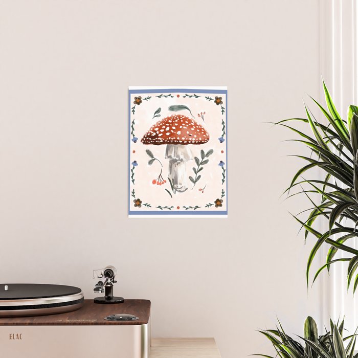 Whimsical Red Mushroom with Floral Border  Poster Gallery Image 2