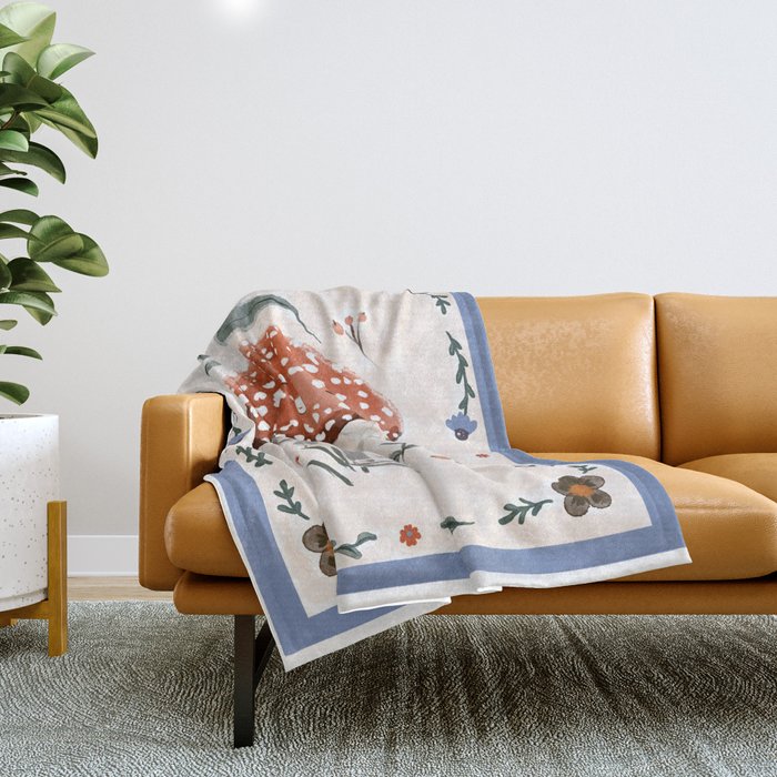 Whimsical Red Mushroom with Floral Border  Throw Blanket Gallery Image 1