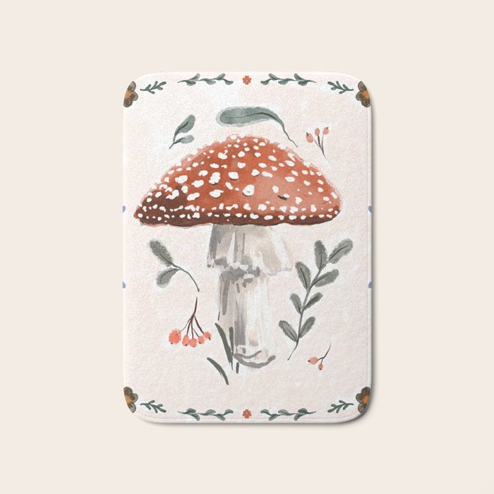 Whimsical Red Mushroom with Floral Border  Bath Mat Gallery Image 1