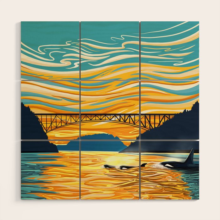 Deception Pass Orca Sunset Swim Wood Wall Art Gallery Image 1
