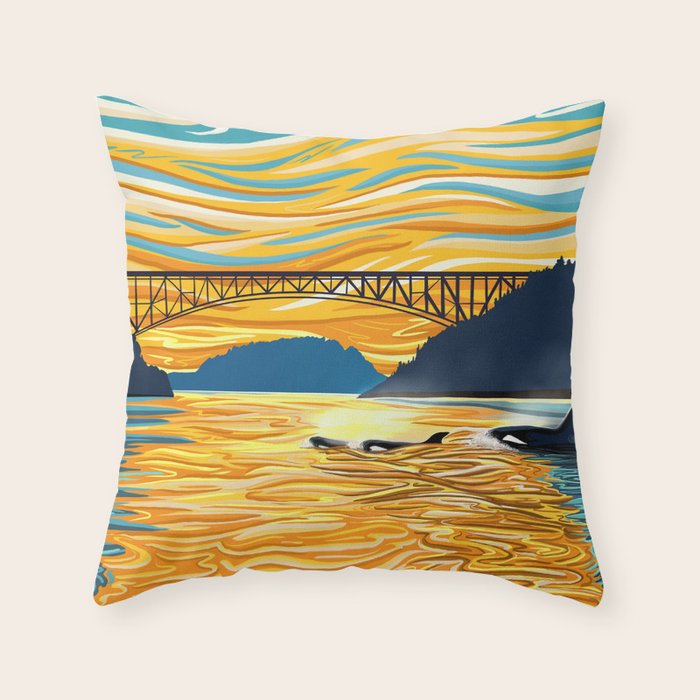 Deception Pass Orca Sunset Swim Throw Pillow Gallery Image 6