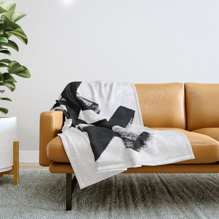 X Black & White Minimalist Abstract Mid century Ink Art Dark Brush Strokes Throw Blanket Gallery Image 1