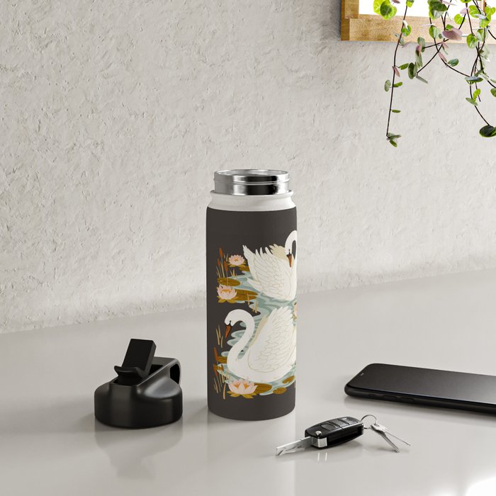 Swan Dance - Charcoal Black Background Water Bottle Gallery Image 4