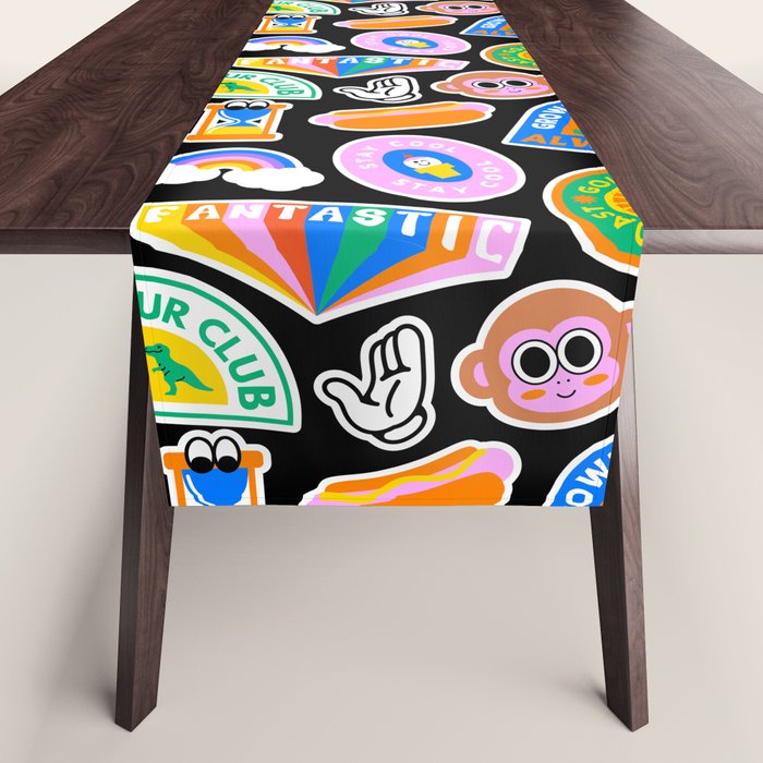 Retro cartoon label sticker pattern Table Runner Gallery Image 1