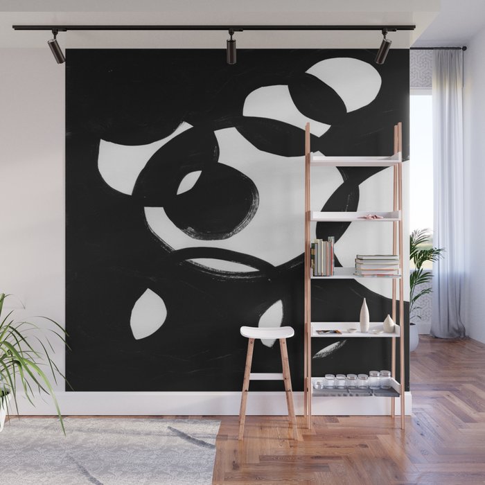 Circle Spirals Black & White Minimalist Ink Tribal Mid Century Pattern Dark Painting Pattern Wall Mural Gallery Image 1