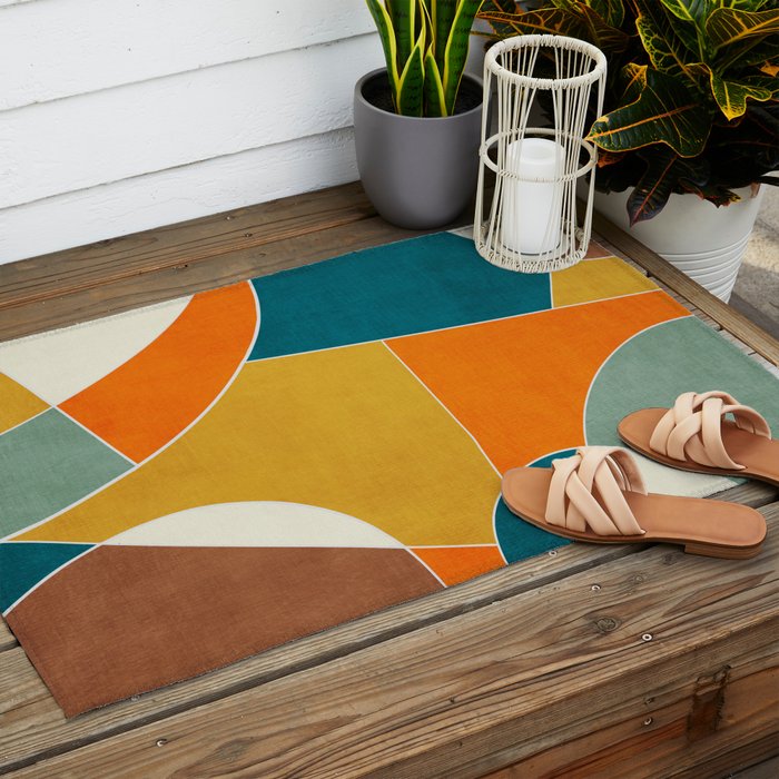 Modern Abstract Mustard Orange Navy Teal White Artwork Outdoor Rug Gallery Image 2