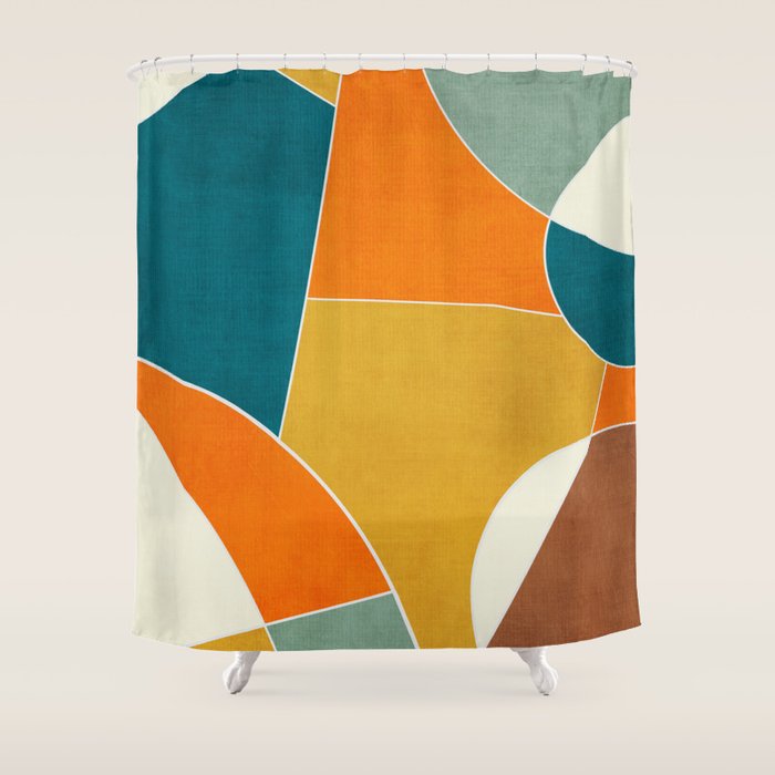 Modern Abstract Mustard Orange Navy Teal White Artwork Shower Curtain Gallery Image 1
