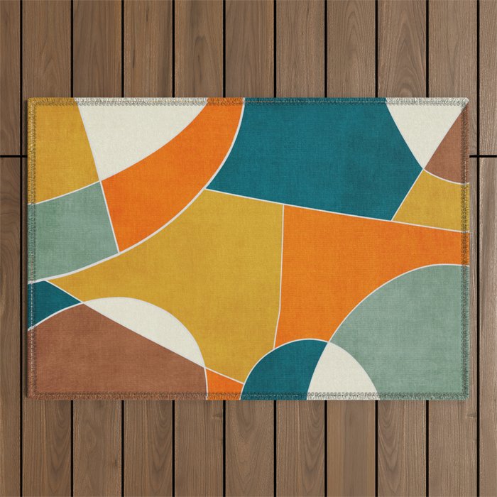 Modern Abstract Mustard Orange Navy Teal White Artwork Outdoor Rug Gallery Image 1