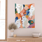 Facing The Flowers, Motivational Positive Mindset Growth Illustration, Human People Face Expression, Hope Optimism Floral Botanical Painting Wall Tapestry Gallery Image 2
