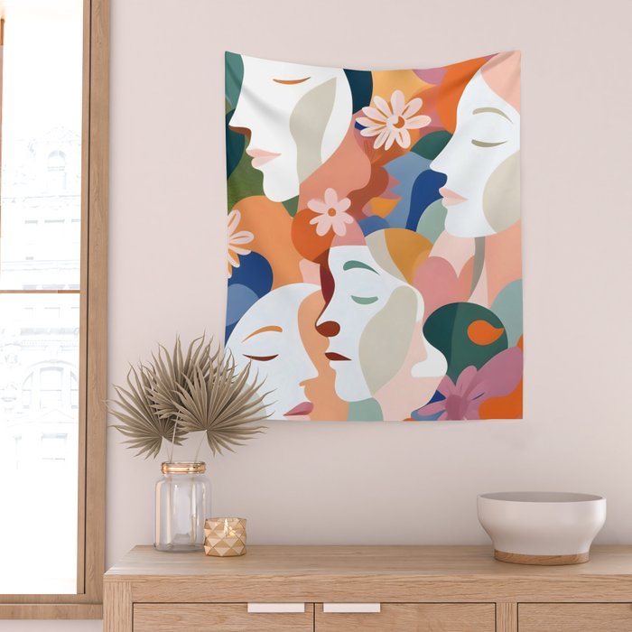 Facing The Flowers, Motivational Positive Mindset Growth Illustration, Human People Face Expression, Hope Optimism Floral Botanical Painting Wall Tapestry Gallery Image 2