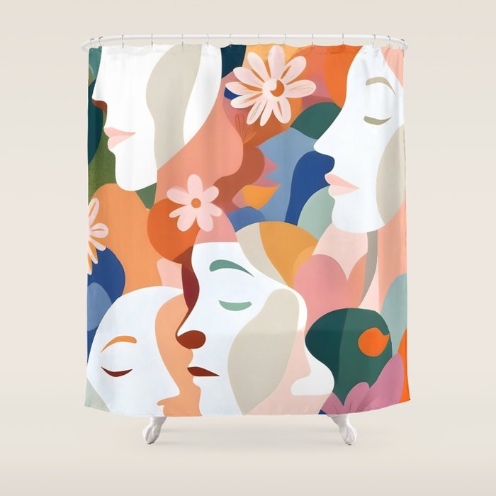 Facing The Flowers, Motivational Positive Mindset Growth Illustration, Human People Face Expression, Hope Optimism Floral Botanical Painting Shower Curtain Gallery Image 1