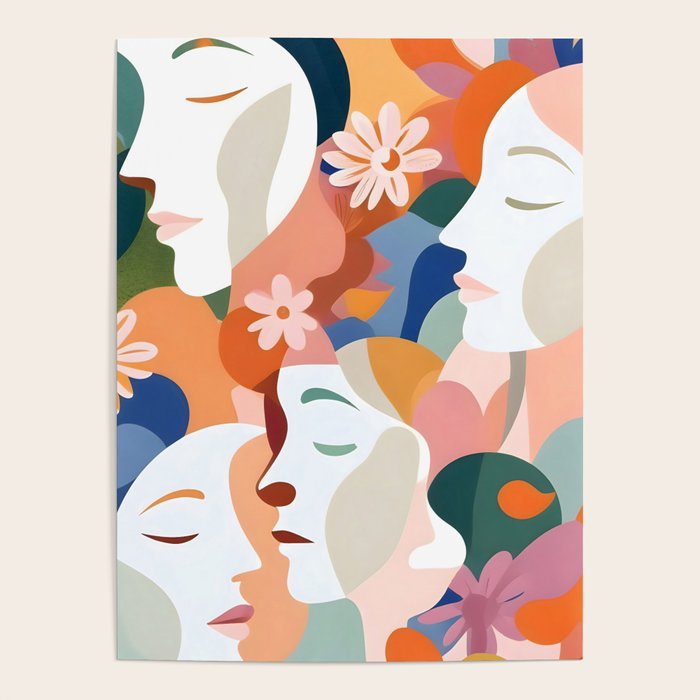Facing The Flowers, Motivational Positive Mindset Growth Illustration, Human People Face Expression, Hope Optimism Floral Botanical Painting Poster Gallery Image 4