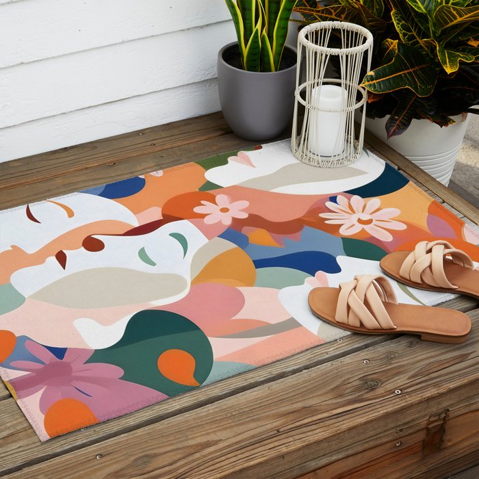 Facing The Flowers, Motivational Positive Mindset Growth Illustration, Human People Face Expression, Hope Optimism Floral Botanical Painting Outdoor Rug Gallery Image 2
