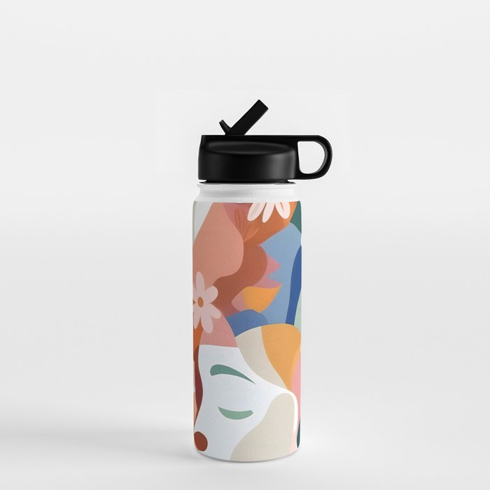 Facing The Flowers, Motivational Positive Mindset Growth Illustration, Human People Face Expression, Hope Optimism Floral Botanical Painting Water Bottle Gallery Image 1