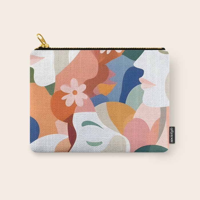 Facing The Flowers, Motivational Positive Mindset Growth Illustration, Human People Face Expression, Hope Optimism Floral Botanical Painting Carry All Pouch Gallery Image 1