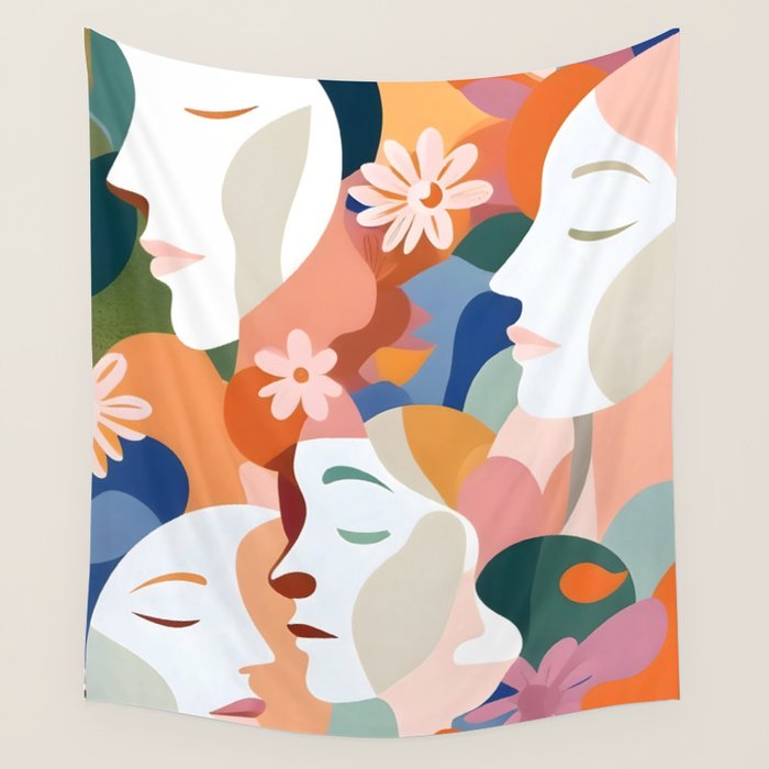 Facing The Flowers, Motivational Positive Mindset Growth Illustration, Human People Face Expression, Hope Optimism Floral Botanical Painting Wall Tapestry Gallery Image 1