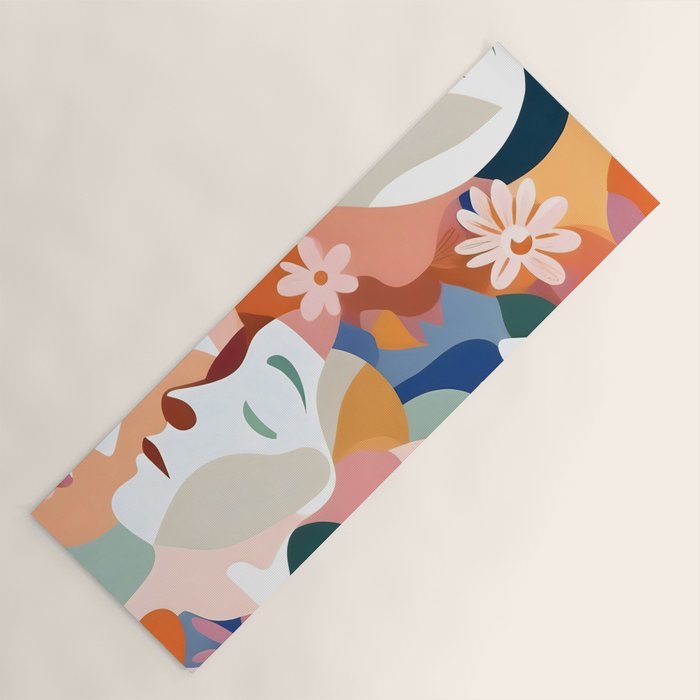 Facing The Flowers, Motivational Positive Mindset Growth Illustration, Human People Face Expression, Hope Optimism Floral Botanical Painting Yoga Mat Gallery Image 1