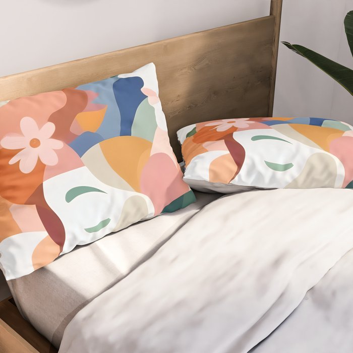 Facing The Flowers, Motivational Positive Mindset Growth Illustration, Human People Face Expression, Hope Optimism Floral Botanical Painting Pillow Sham Gallery Image 2