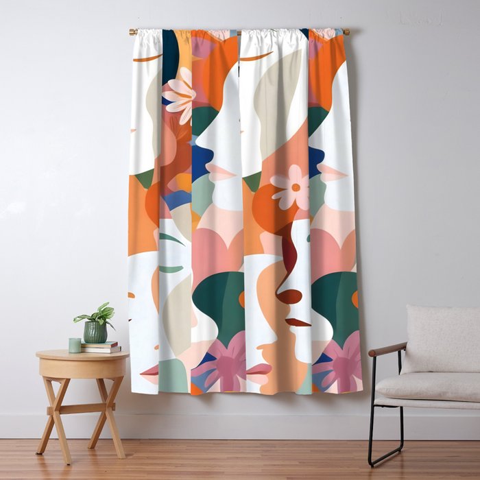 Facing The Flowers, Motivational Positive Mindset Growth Illustration, Human People Face Expression, Hope Optimism Floral Botanical Painting Window Curtain Gallery Image 5