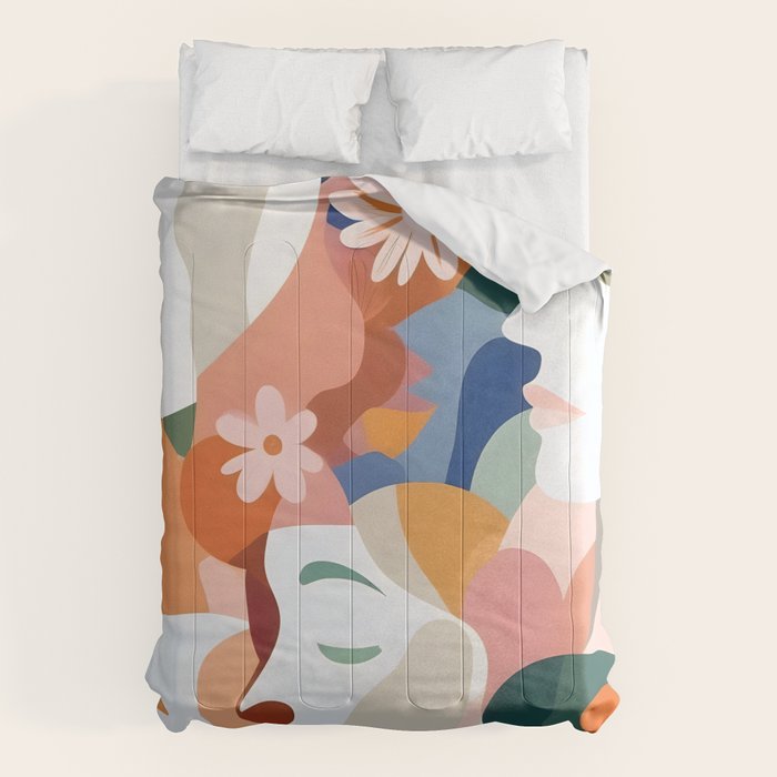 Facing The Flowers, Motivational Positive Mindset Growth Illustration, Human People Face Expression, Hope Optimism Floral Botanical Painting Comforter Gallery Image 1