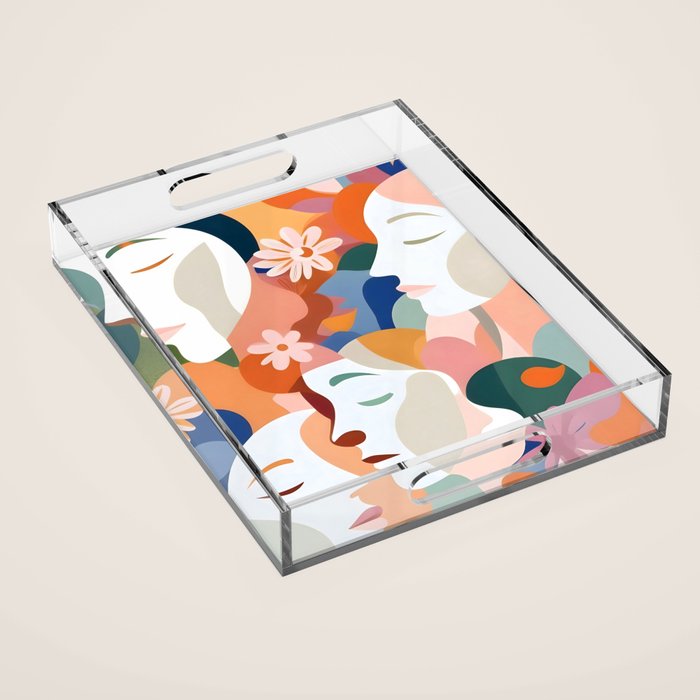 Facing The Flowers, Motivational Positive Mindset Growth Illustration, Human People Face Expression, Hope Optimism Floral Botanical Painting Acrylic Tray Gallery Image 1