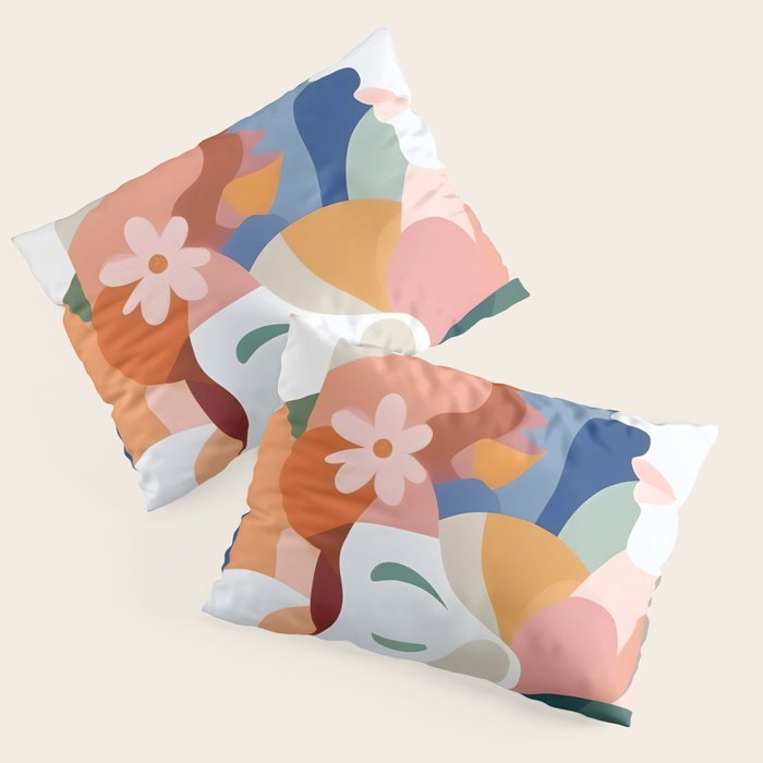 Facing The Flowers, Motivational Positive Mindset Growth Illustration, Human People Face Expression, Hope Optimism Floral Botanical Painting Pillow Sham Gallery Image 1