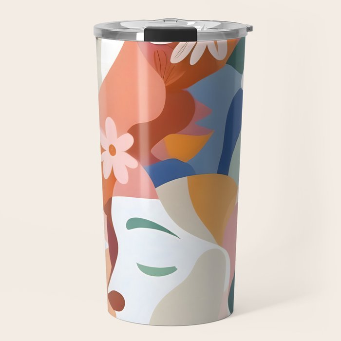 Facing The Flowers, Motivational Positive Mindset Growth Illustration, Human People Face Expression, Hope Optimism Floral Botanical Painting Travel Mug Gallery Image 1