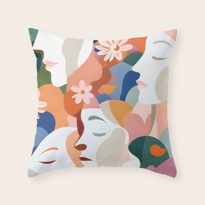 Facing The Flowers, Motivational Positive Mindset Growth Illustration, Human People Face Expression, Hope Optimism Floral Botanical Painting Throw Pillow Gallery Image 6