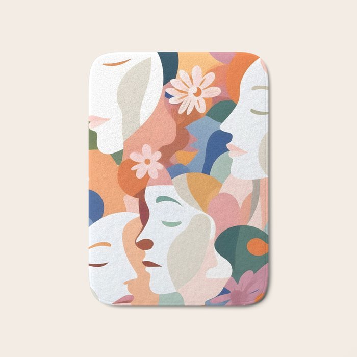Facing The Flowers, Motivational Positive Mindset Growth Illustration, Human People Face Expression, Hope Optimism Floral Botanical Painting Bath Mat Gallery Image 1