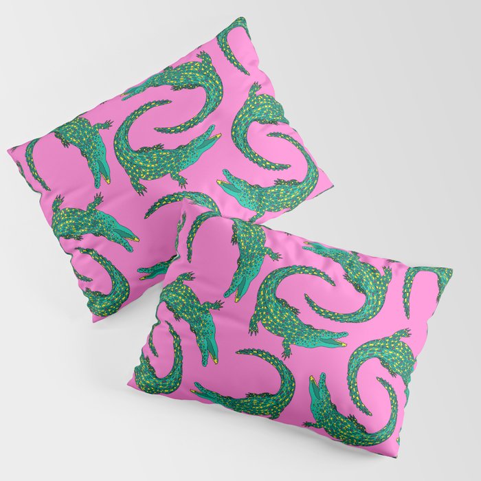 Crocodiles (Pink and Green) Pillow Sham Gallery Image 3