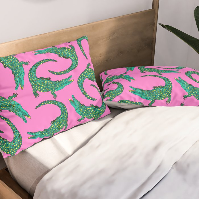 Crocodiles (Pink and Green) Pillow Sham Gallery Image 2