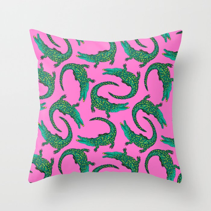 Crocodiles (Pink and Green) Throw Pillow Gallery Image 1