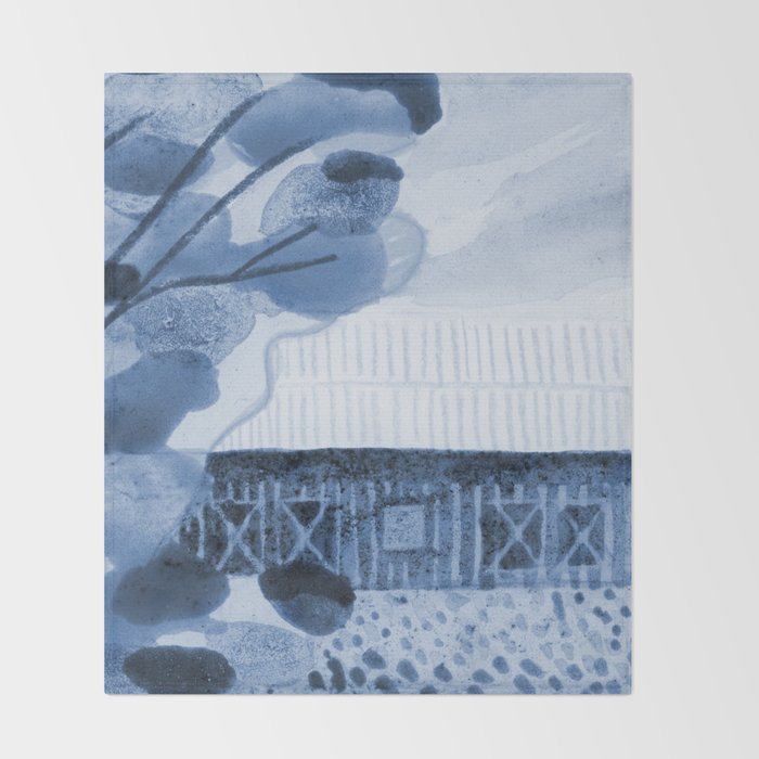 Rustic Country Barn Painting in Navy Blue Throw Blanket Gallery Image 2