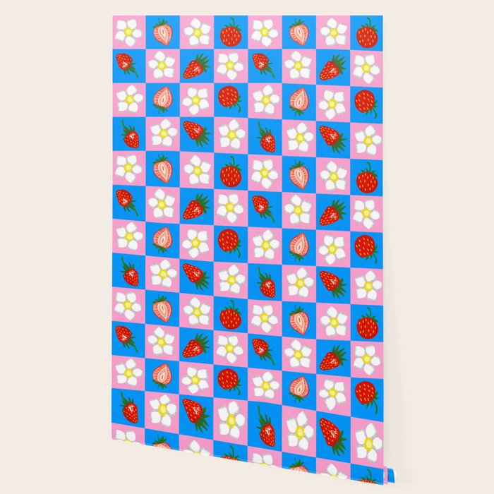 Strawberry Checkerboard - Blue And Pink Wallpaper Gallery Image 2