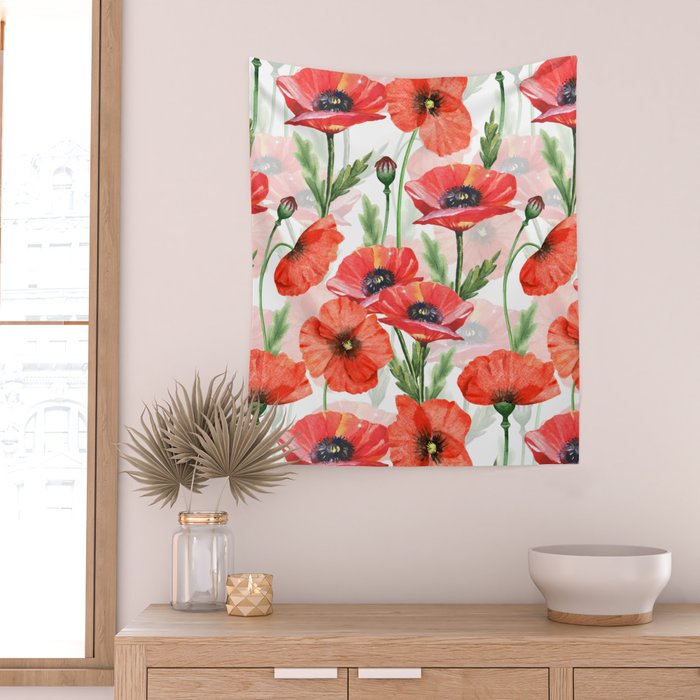 Summer Botanical Poppies Field Wall Tapestry Gallery Image 2