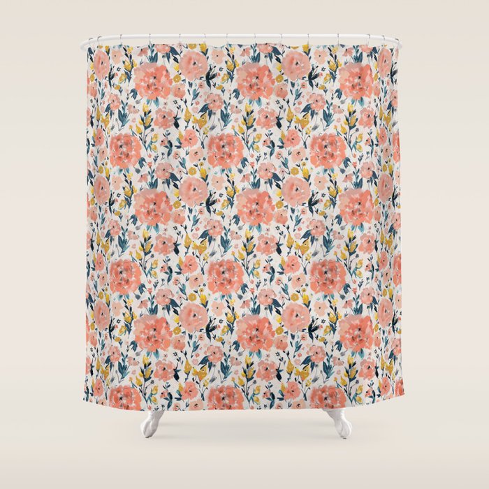 Tropical Coral Floral Shower Curtain Gallery Image 1
