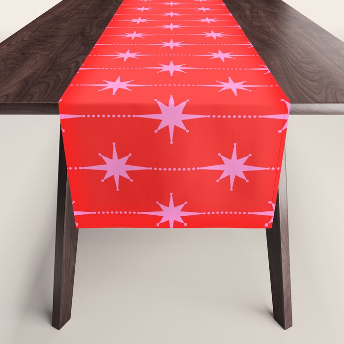 Midcentury Stars and Dots Pattern in Preppy Pink and Red Table Runner Gallery Image 1