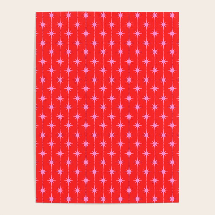 Midcentury Stars and Dots Pattern in Preppy Pink and Red Poster Gallery Image 4