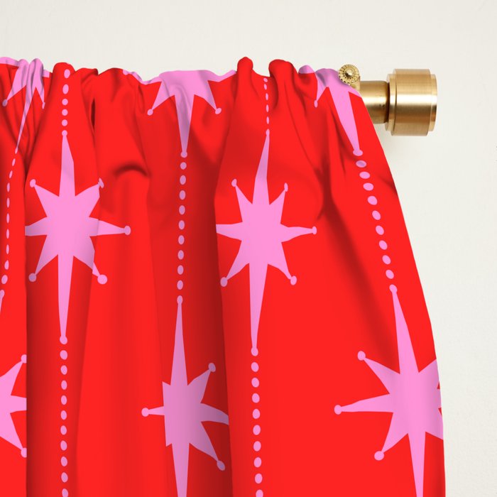 Midcentury Stars and Dots Pattern in Preppy Pink and Red Window Curtain Gallery Image 2