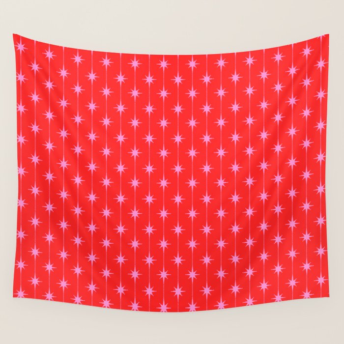 Midcentury Stars and Dots Pattern in Preppy Pink and Red Wall Tapestry Gallery Image 4