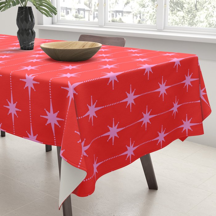 Midcentury Stars and Dots Pattern in Preppy Pink and Red Tablecloth Gallery Image 3